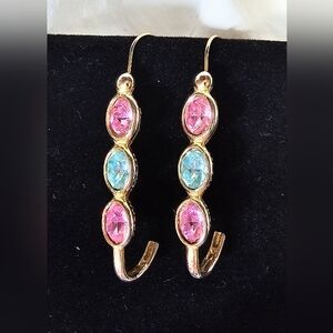 Vintage Goldtone Pink Blue Crystal Bar Drop Dangle Earrings Unique